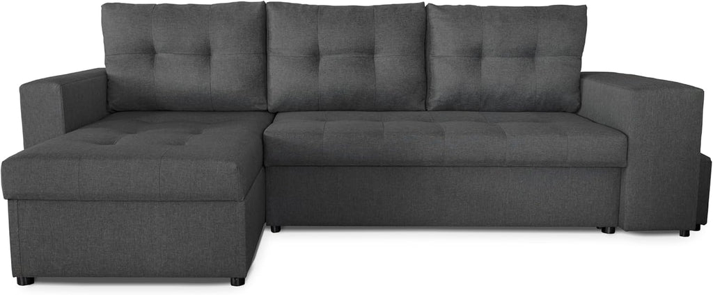 NAWSTOL - Sofa narożna Leon z funkcją spania i skrzynią na pościel – nowoczesna sofa do salonu – możliwość montażu z lewej lub prawej strony (szara + biała sztuczna skóra)
