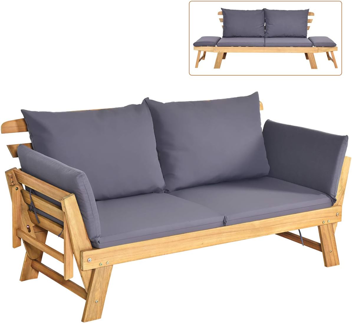 COSTWAY Ławka ogrodowa z funkcją leżenia, sofa ogrodowa z poduszkami i składanym podłokietnikiem, ławka balkonowa z drewna akacjowego, sofa balkonowa, sofa ogrodowa do ogrodu, na taras, balkon, 198 x