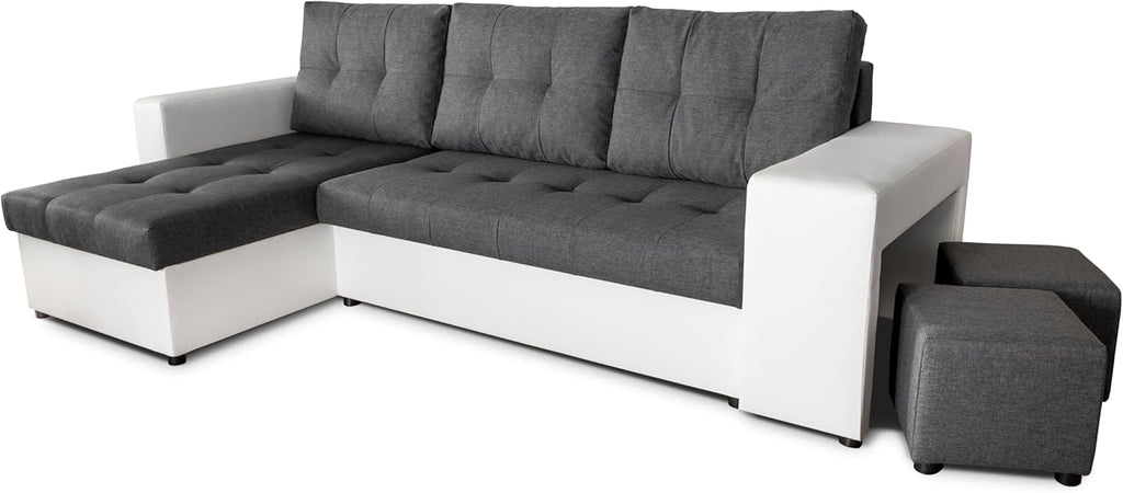 NAWSTOL - Sofa narożna Leon z funkcją spania i skrzynią na pościel – nowoczesna sofa do salonu – możliwość montażu z lewej lub prawej strony (szara + biała sztuczna skóra)