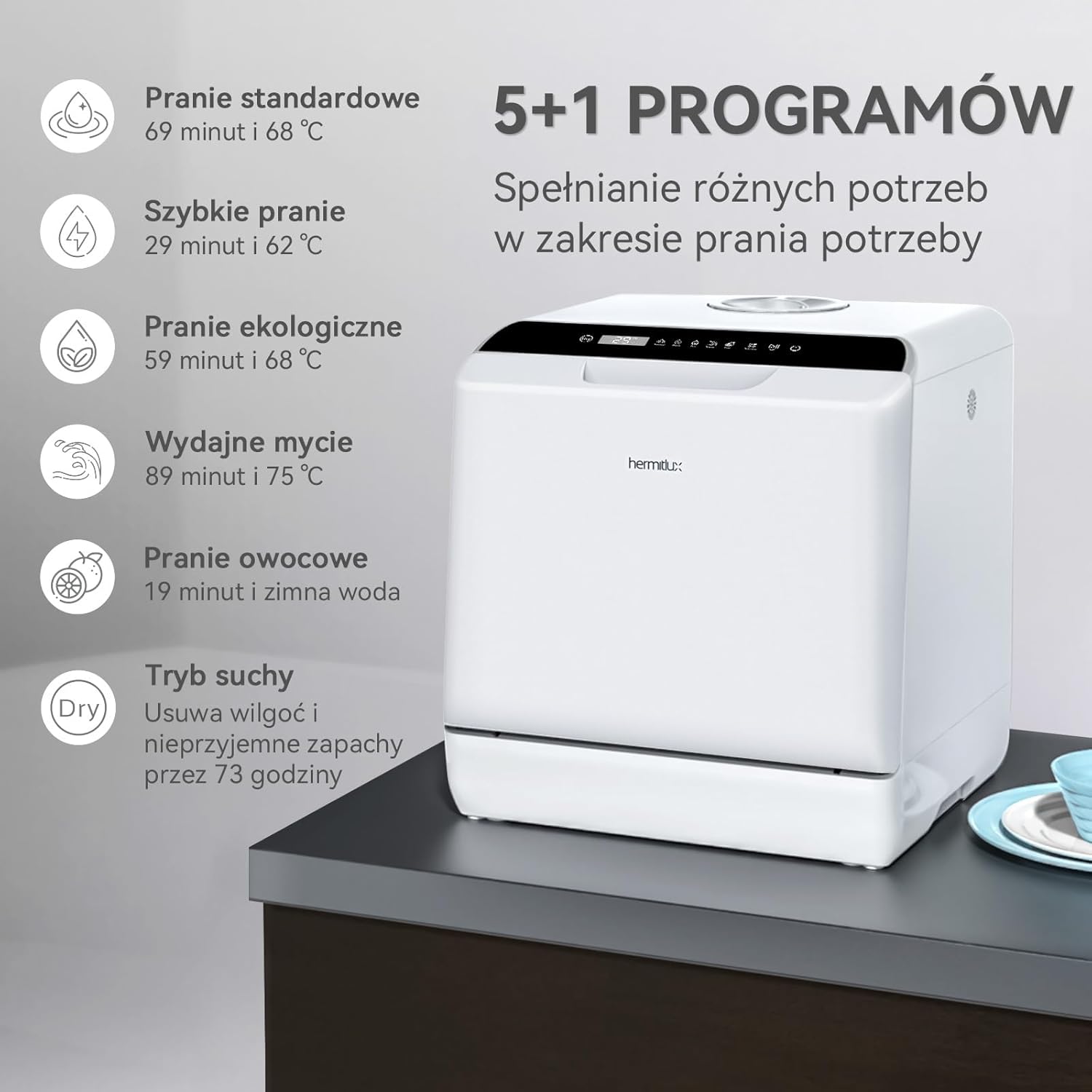 Mini zmywarka stołowa, do użytku z i bez podłączenia do wody, szerokość 43 cm, miejsce na 4 sztućce, do użytku na kempingu, 175 kWh/rok, biały