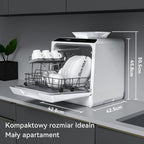 Mini zmywarka stołowa, do użytku z i bez podłączenia do wody, szerokość 43 cm, miejsce na 4 sztućce, do użytku na kempingu, 175 kWh/rok, biały